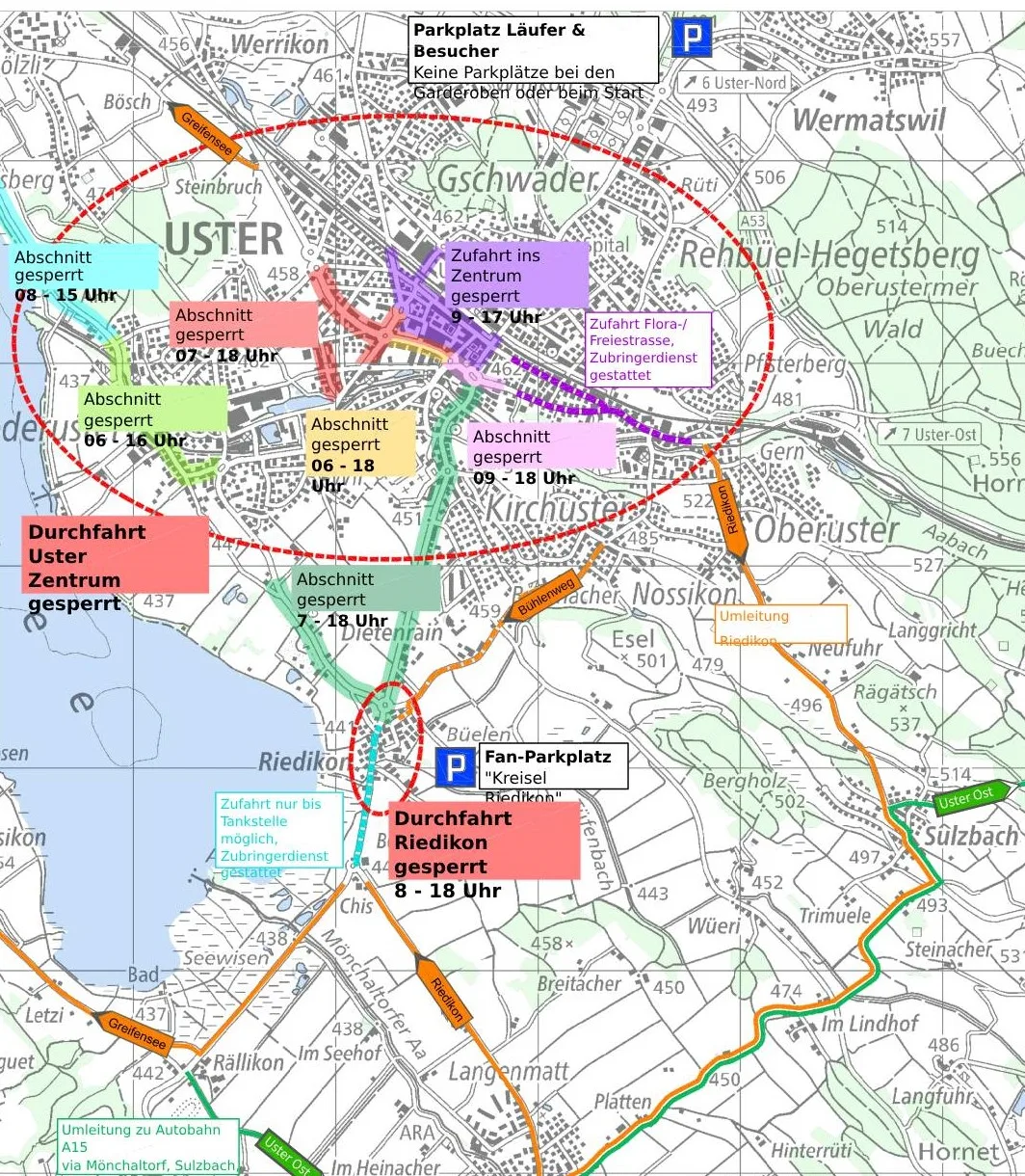 Man sieht eine Karte mit eingezeichneten Strassensperrungen.